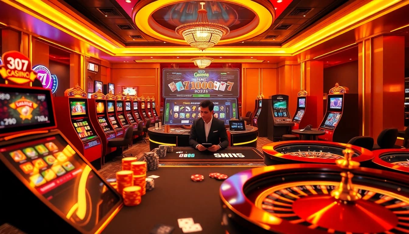 Terlibat dalam datukwin alternatif di kasino online mewah dengan mesin slot yang berwarna-warni dan meja poker.