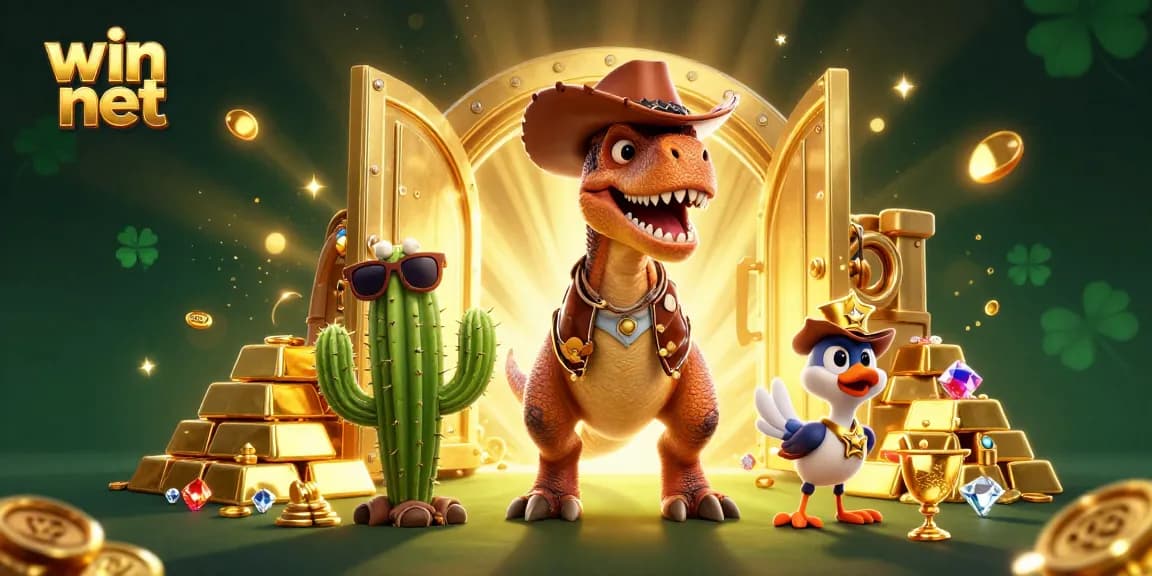Win net: Join the fun with a cowboy dinosaur and friends bursting through treasure in a vibrant casino scene