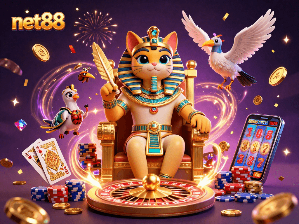 Experience the excitement of net88 with a vibrant scene showcasing an Egyptian pharaoh cat in a casino.