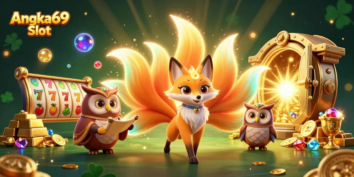 Engage with Angka69 Slot, a vibrant scene showcasing a playful nine-tailed fox and wise owl amidst gold treasures and slot symbols.