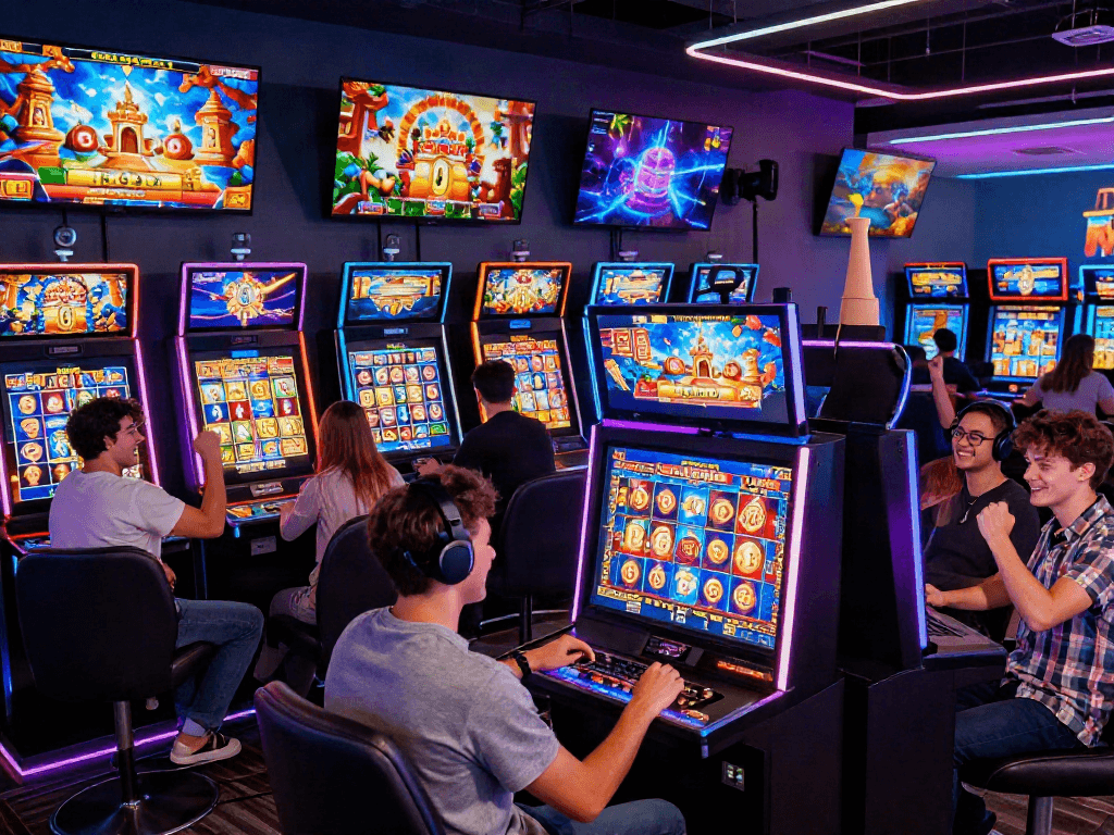 Players enjoying exciting slot online games in a vibrant casino environment, showcasing diverse themes and interactive elements.