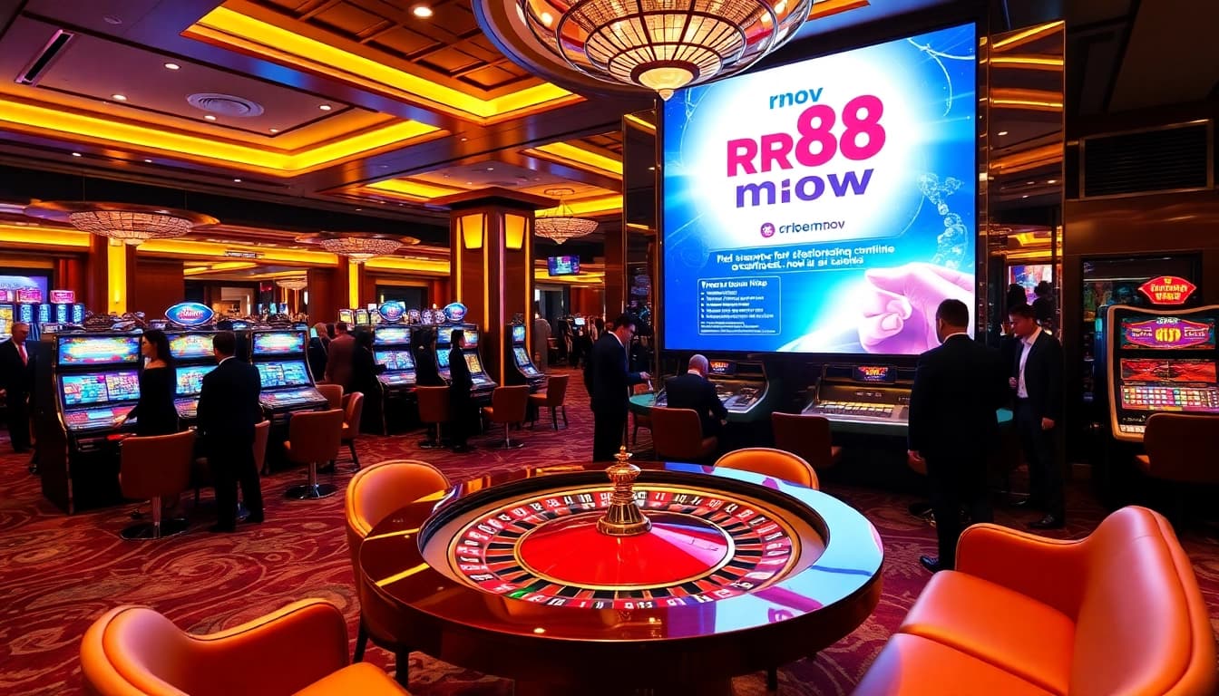 A thrilling casino environment showcasing players enjoying various games at RR88 mov with vibrant slot machines and a roulette table.