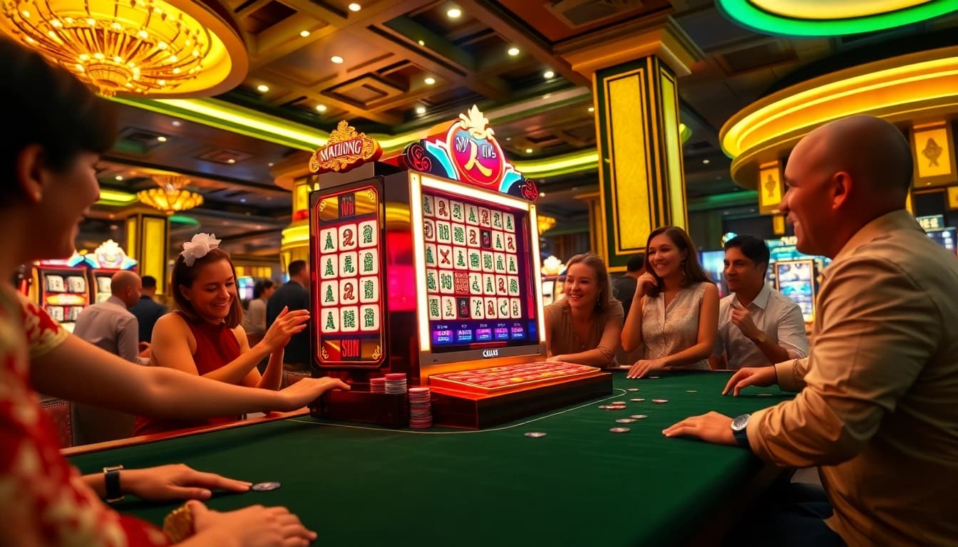 Players thrill at a mahjong slot machine surrounded by vibrant casino decor.