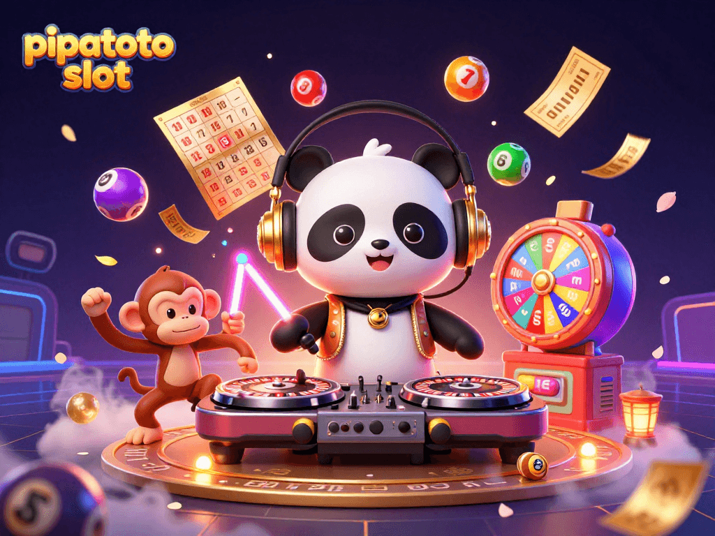 Exciting pipatoto slot scene with animated DJ panda, dancing monkey, and rave kitten, surrounded by lottery elements.