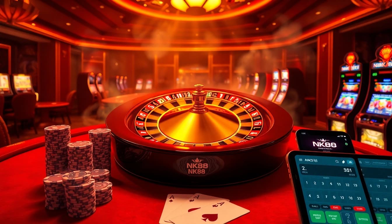 NK88 online roulette wheel spinning with vibrant poker chips and digital betting slip