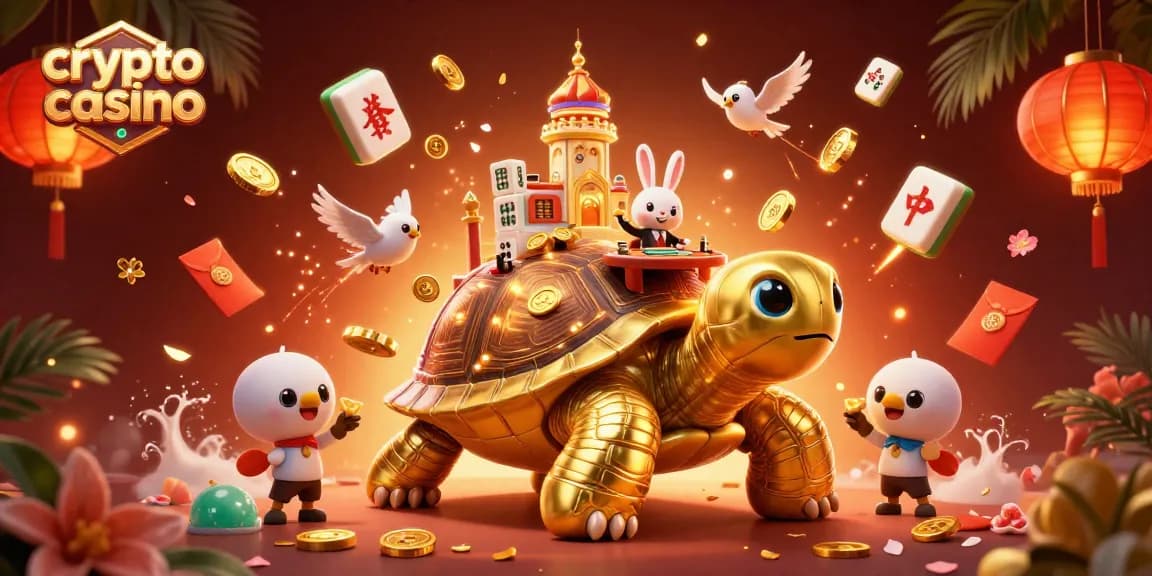 Experience the excitement of a crypto casino with golden tortoises, dealers, and flying coins!