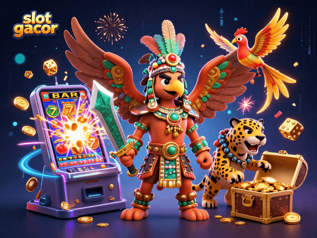 Experience the excitement of slot gacor with Aztec warriors surrounded by a jackpot explosion of gold coins.