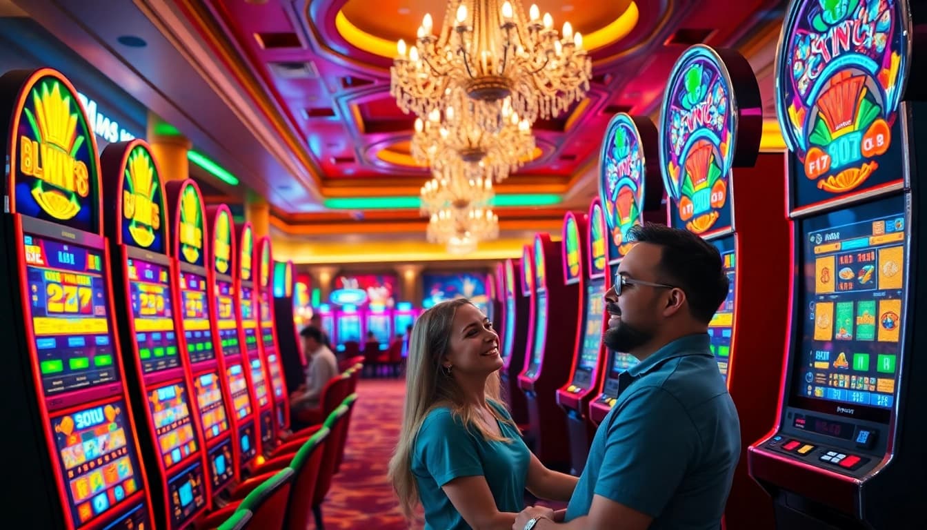 Players enjoying Slots in a vibrant casino atmosphere with colorful machines and bright decor.