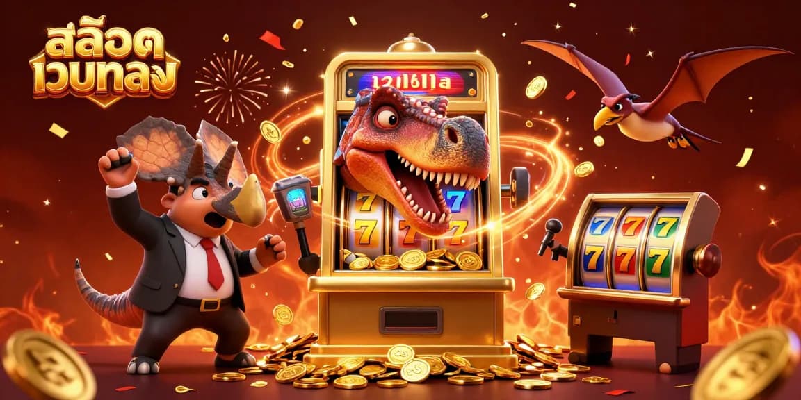 Experience the excitement of สล็อตเว็บตรง with a playful dinosaur celebrating jackpot wins amidst colorful casino elements.