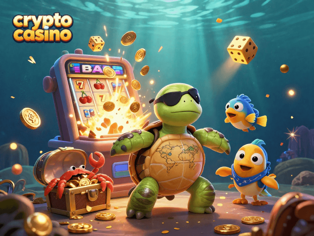 Engage with the thrilling action of a crypto casino featuring a vibrant underwater scene with colorful characters and elements.