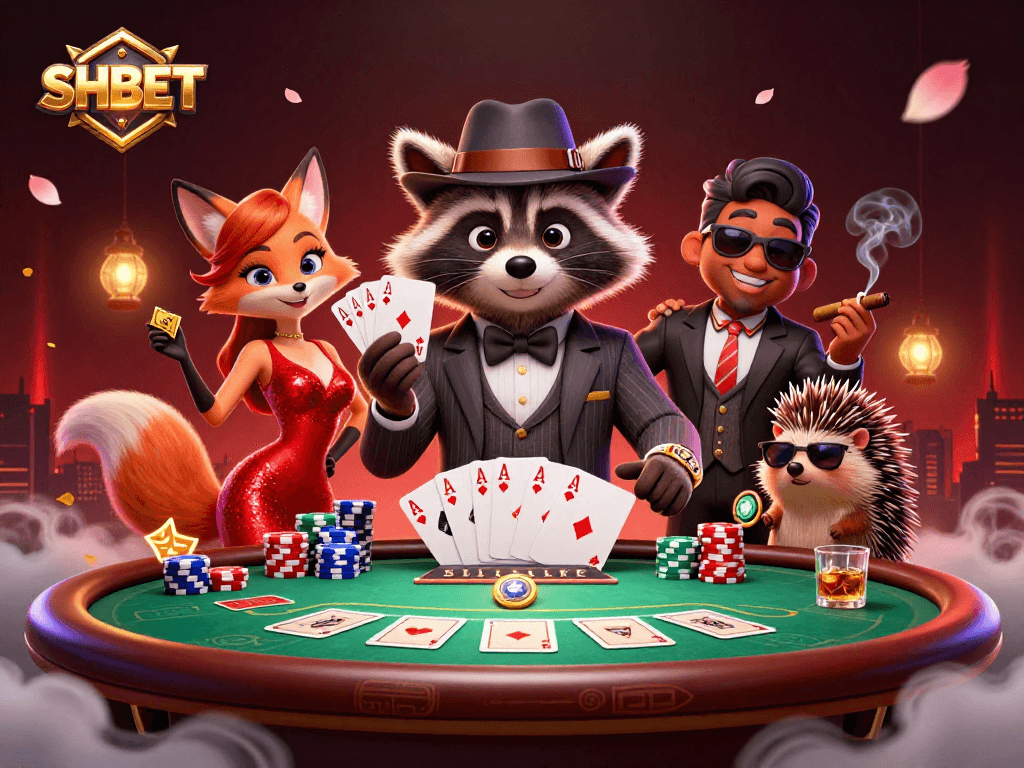 Join SHBET for thrilling poker action with a charming raccoon, fox, and hedgehog in a lively casino