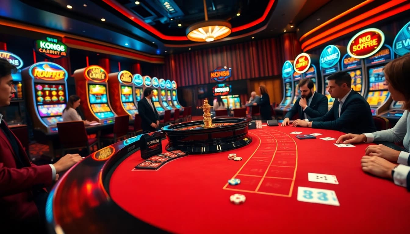 KONG88 players strategizing at a luxurious poker table with vibrant chips and high-stakes excitement.