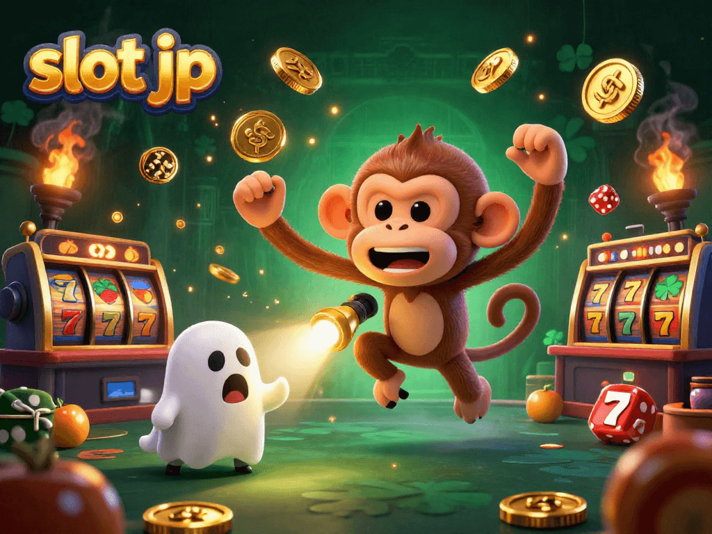 Engage with thrilling slot jp gaming animations featuring a playful monkey and a curious puppy in a haunted casino scene.