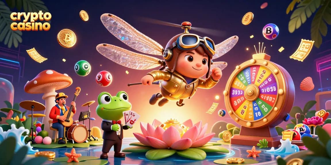 Play at a crypto casino surrounded by animated characters and vibrant gaming elements.