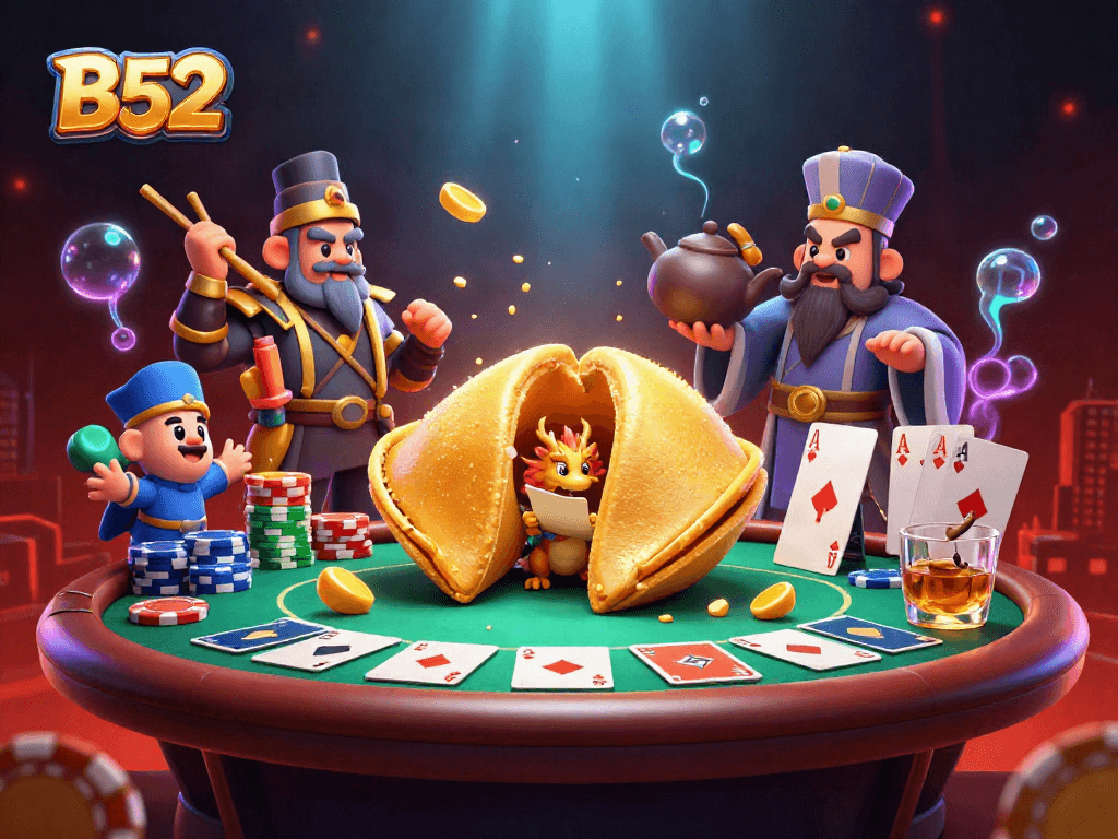B52 casino scene with dragon and fortune cookie amidst colorful poker elements and mystical effects.