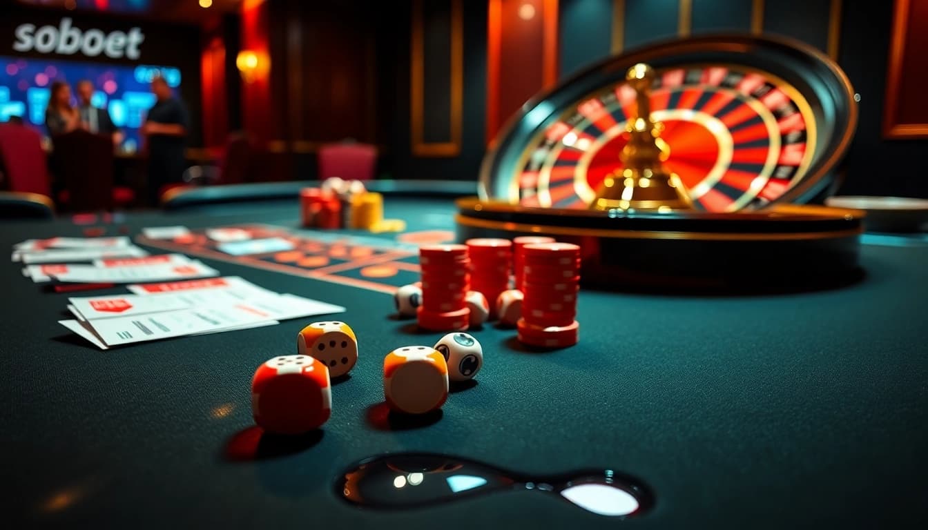 Sbobet link engaging players at a high-stakes betting table showcasing poker chips and betting slips.