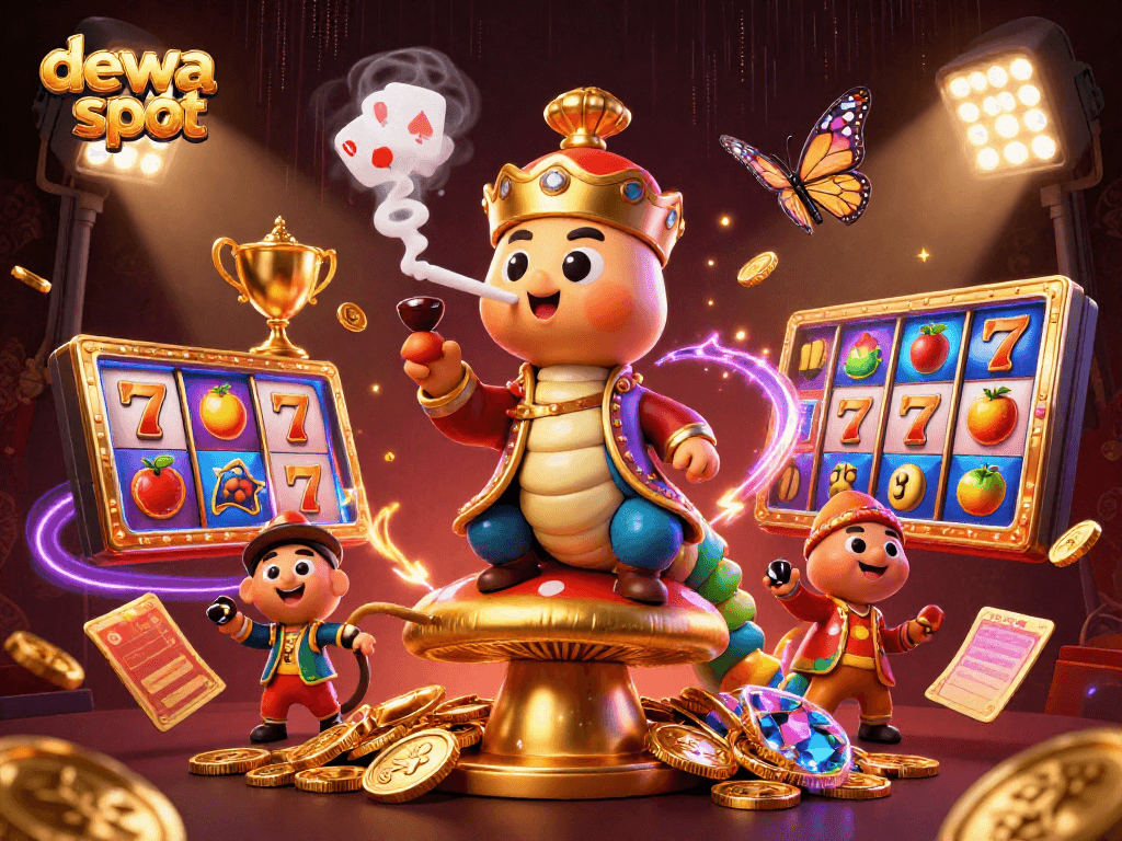 Permainan dewa slot yang seru dengan nuansa slot yang kaya warna dan karakter unik di latar belakang mewah.