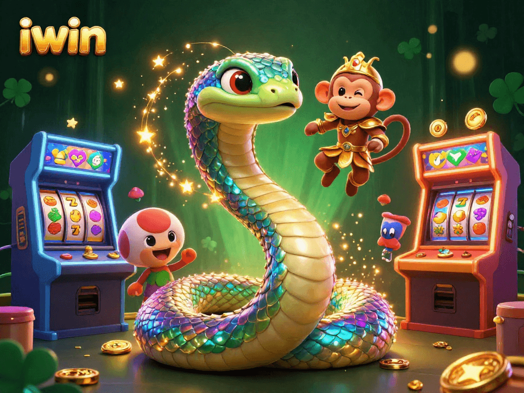 Experience iwin's vibrant 3D casino scene with rainbow serpent and monkey king amidst slot machines.