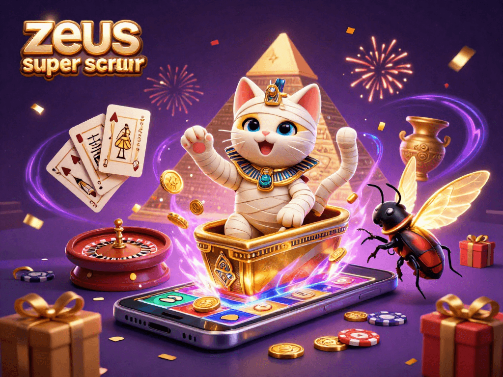 Experience the excitement of zeus super scatter with a vibrant casino scene filled with colorful slot games and festive elements.