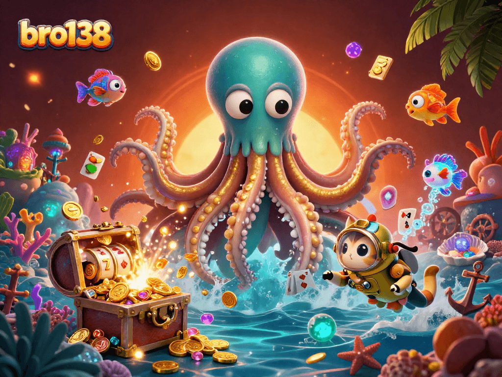 Bro138 invites players to enjoy slots with a kraken and diving cat in a vibrant underwater scene.