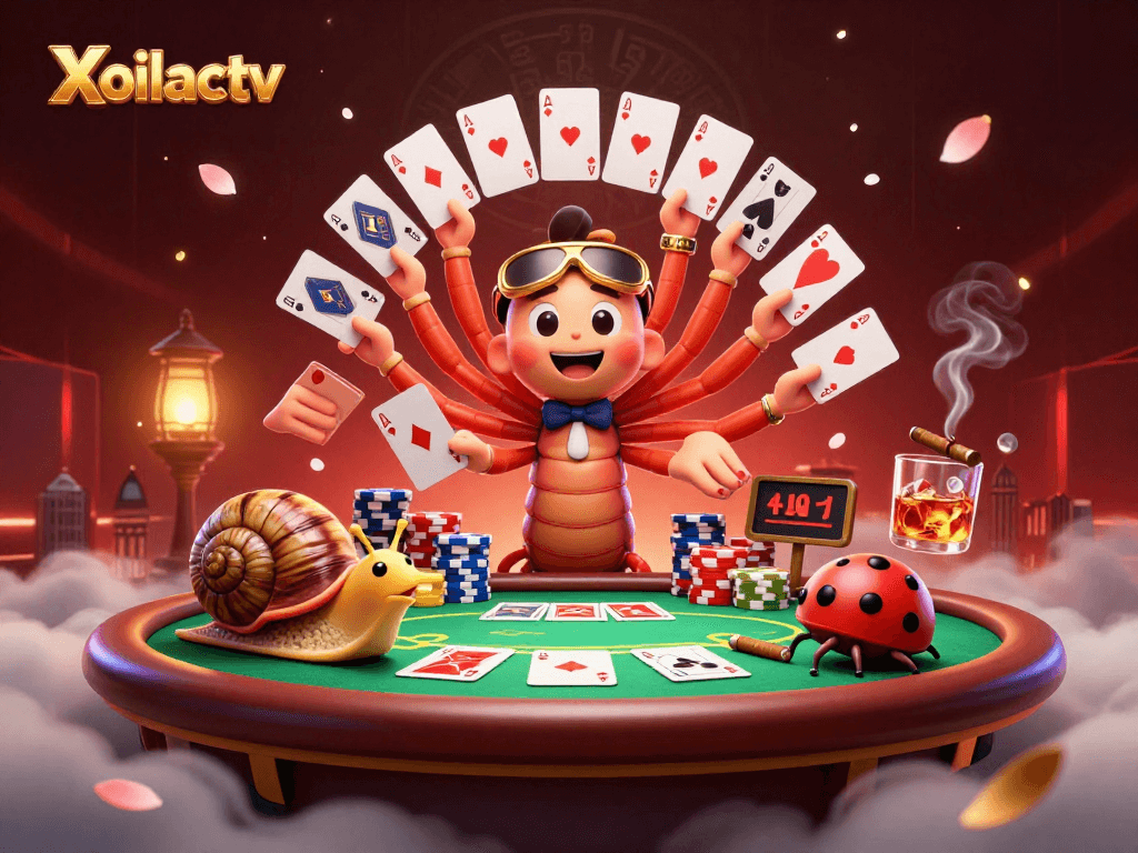 Xoilactv showcases a vibrant casino scene with a millipede dealer, colorful poker chips, and a high-roller snail.
