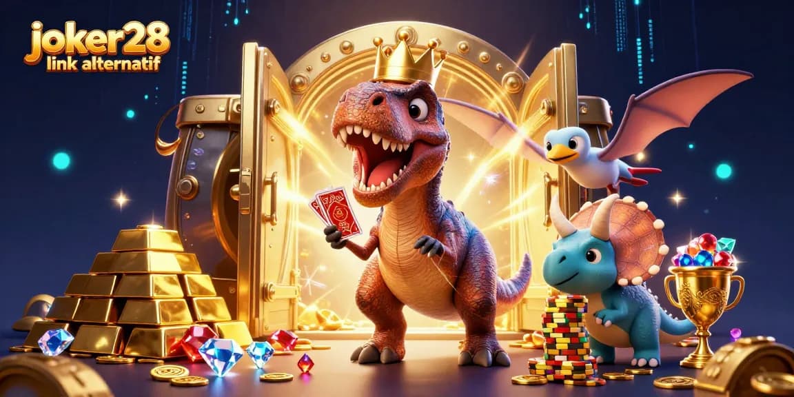 Gambarkan joker28 link alternatif dengan dinosaur bermain kartu dan menumpuk chip emas, elemen kasino mencolok di sekitarnya.