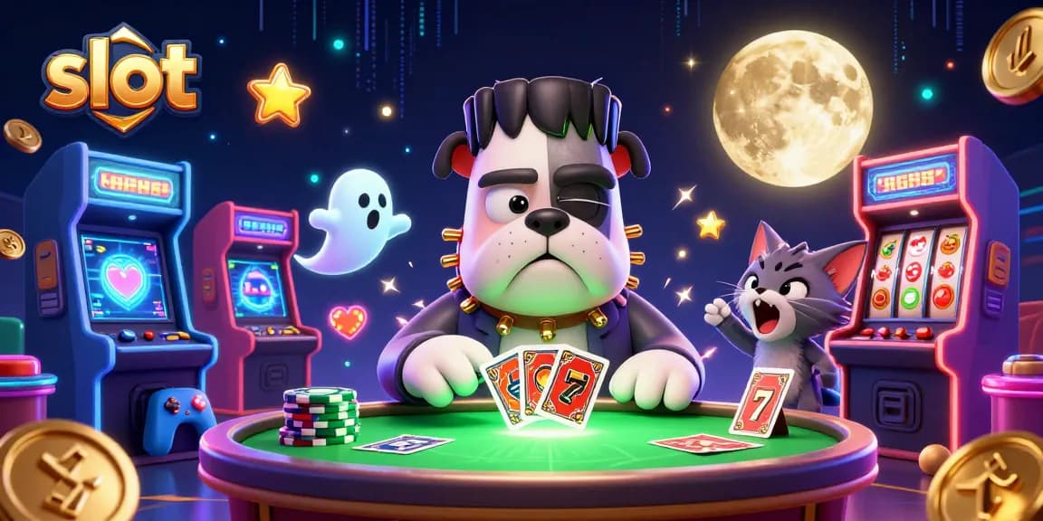 Slot mesin yang mengasyikkan dengan Frankenstein bulldog monster dan karakter unik di meja taruhan.