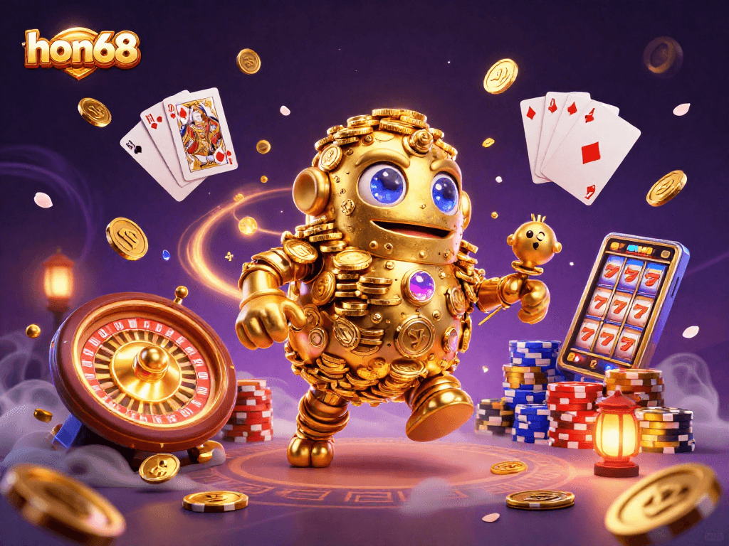 hon68 showcases an immersive gambling environment with a golden golem and slot elements, enhancing the casino experience.