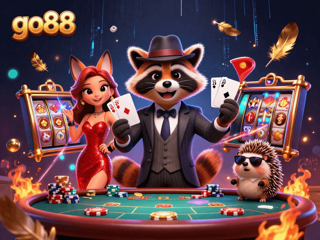 Engage with go88 slot games featuring a suave raccoon and a glamorous fox in a lively casino scene.