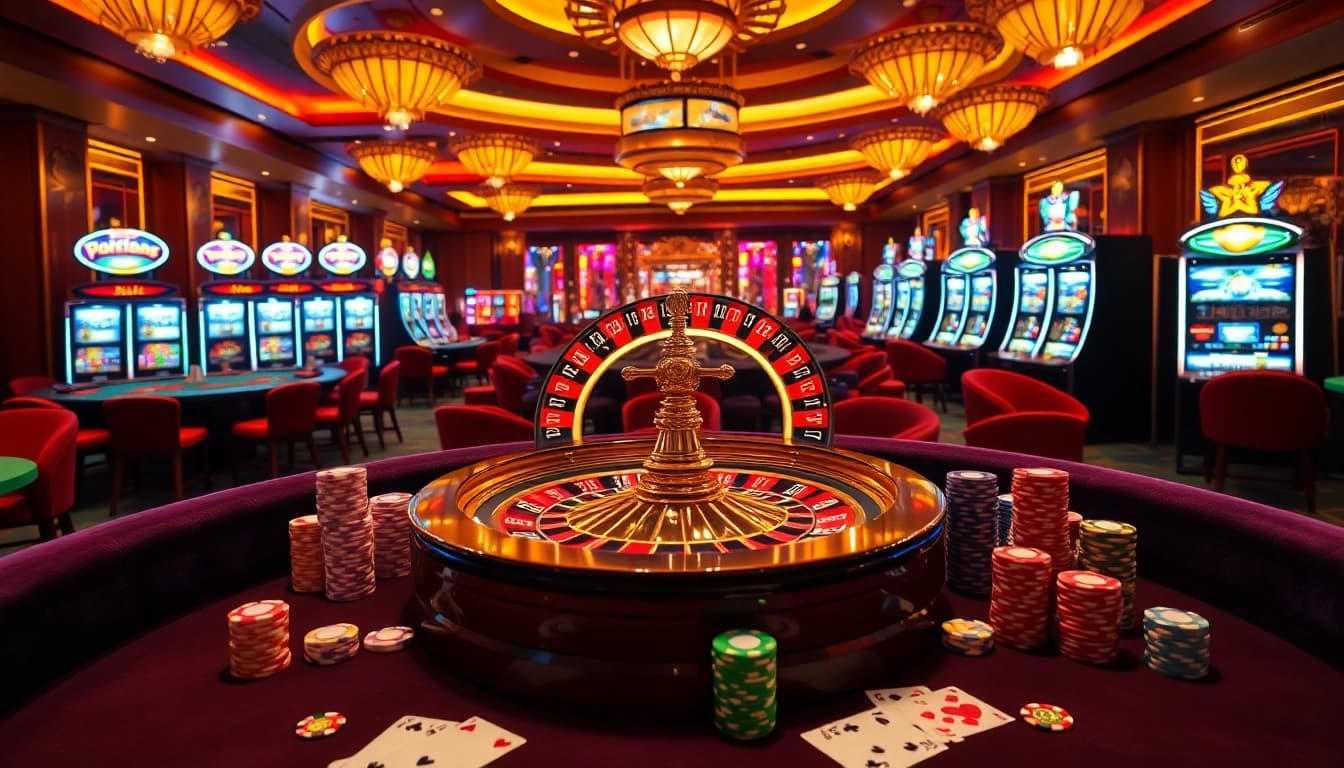 Spin the roulette wheel at pg88 casino, surrounded by vibrant poker chips and luxury decor.