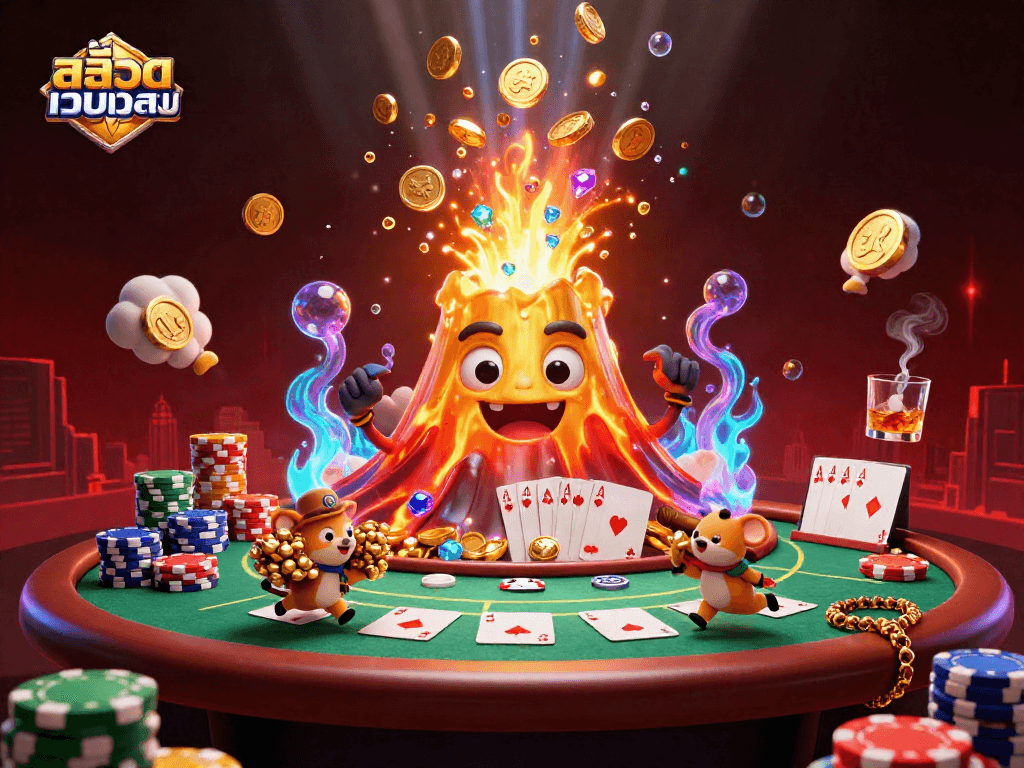 Experience excitement with สล็อตเว็บตรง as golden coins, poker chips, and treasures flood the scene.