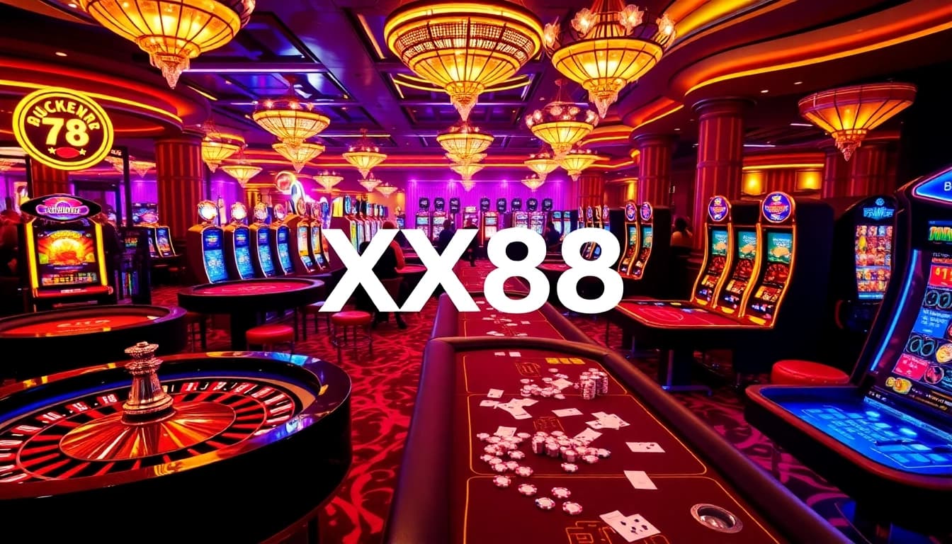 Dynamic gaming experience at XX88 with vibrant casino tables and colorful slot machines.