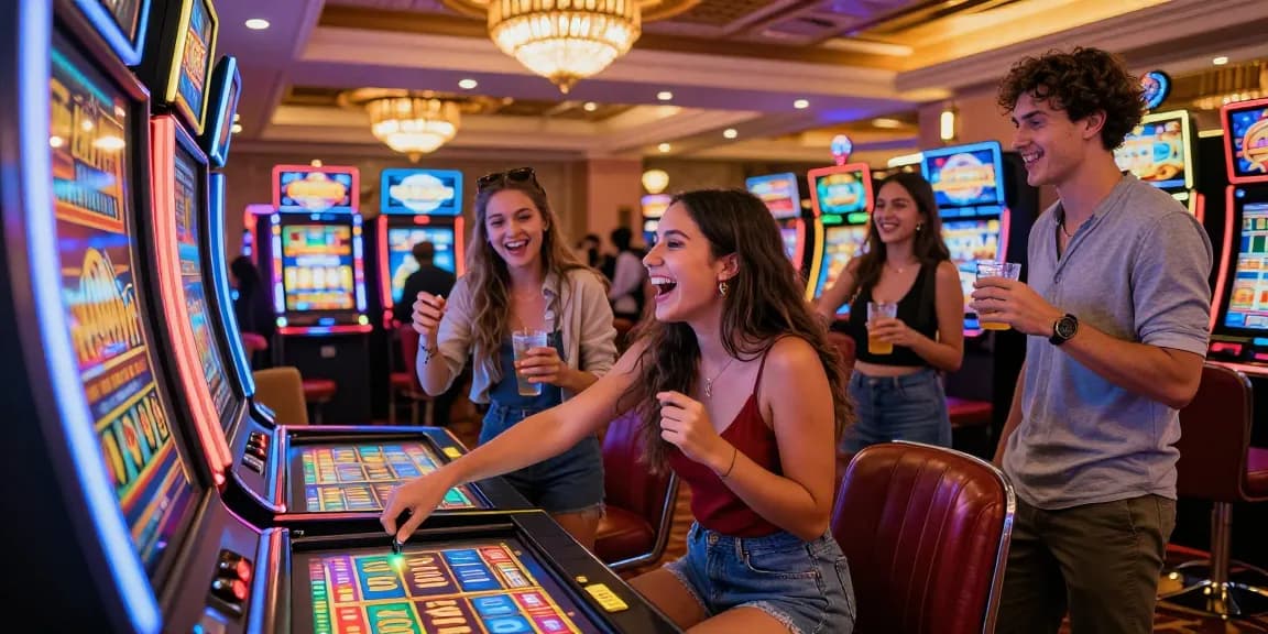 Exciting scene of friends playing toto slot machine in a casino atmosphere with vibrant lights and cheers.