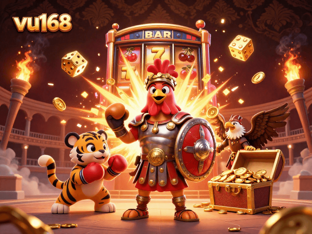 Experience thrilling gaming at vu168 with dynamic casino elements and engaging characters in a vibrant arena scene.