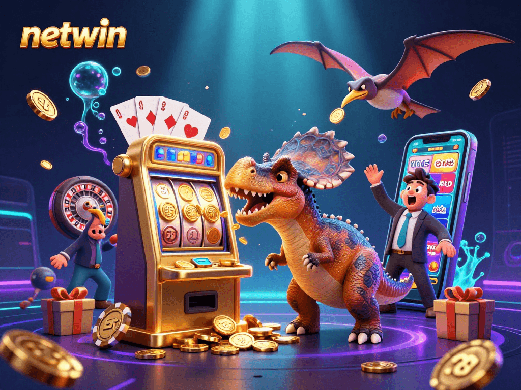 Netwin showcases a dynamic casino scene with animated dinosaurs winning jackpots and catching coins.