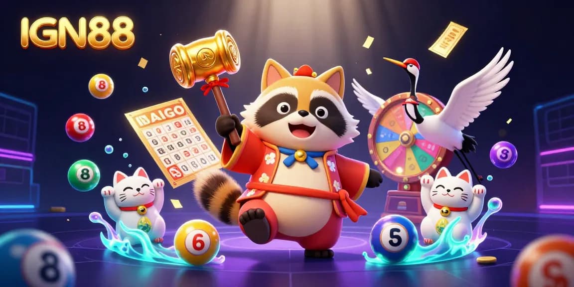 Win big with IGN88 in a vibrant casino scene featuring lucky characters and game elements.