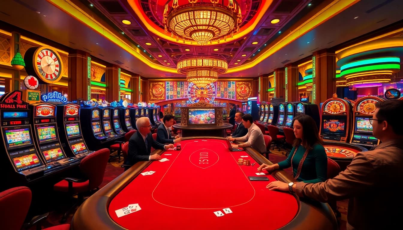 A thrilling poker game scene at https://kk55.exchange/ with professional dealers and vibrant casino decor.
