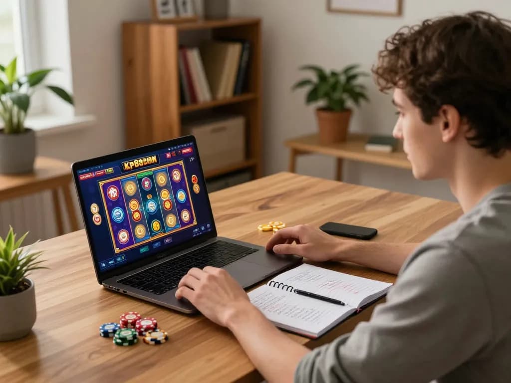 Engaged user playing kp88 casino games on a laptop, showcasing a cozy gaming atmosphere.