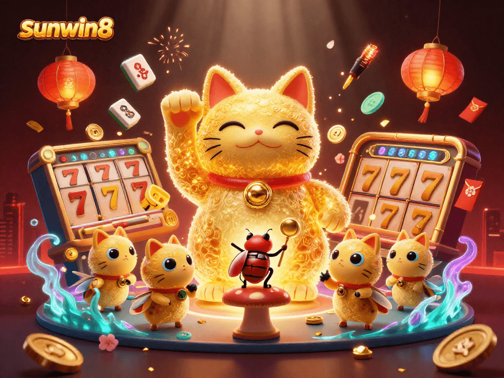 Experience thrilling gameplay at sunwin8 with a dynamic scene showcasing a lucky cat made of golden fireflies amidst vibrant casino symbols.