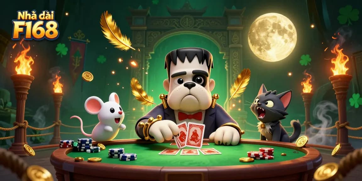 Engage with thrilling games at Nhà cái F168 featuring a spooky casino scene full of excitement.