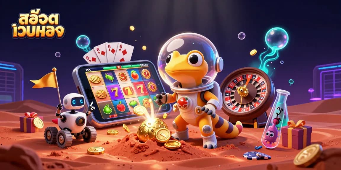 Experience the excitement of สล็อตเว็บตรง with a Martian gecko discovering a golden casino filled with vibrant slot games.
