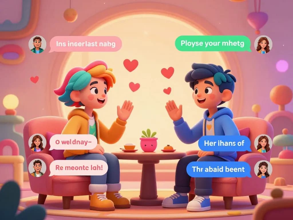 Engaging scene of two avatars enjoying playful ai sex chat in a whimsical chat room.