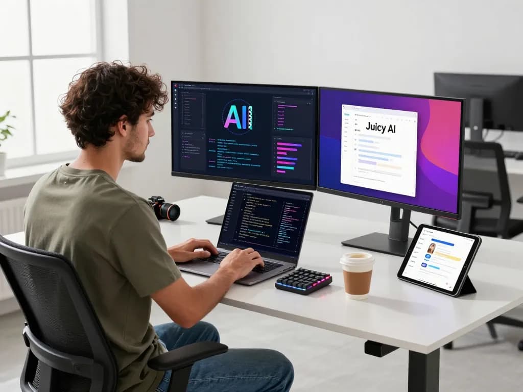 Developer programming Juicy AI on dual monitors in a bright tech workspace.