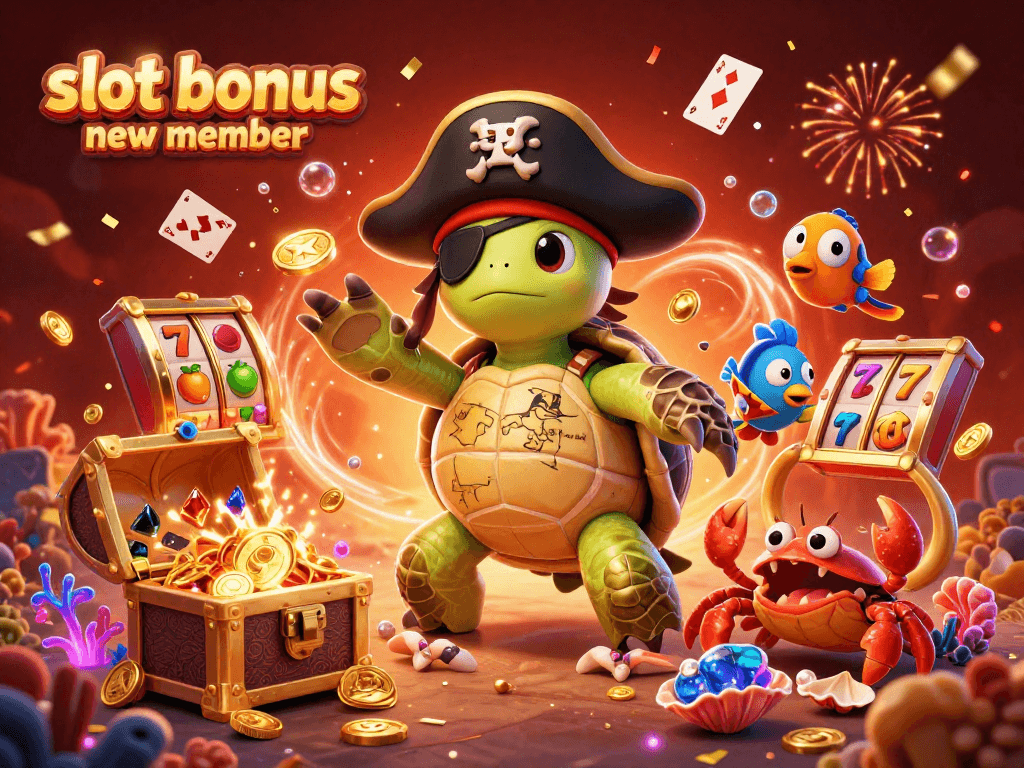 Experience winning excitement with slot bonus new member scene featuring a pirate turtle and treasures.