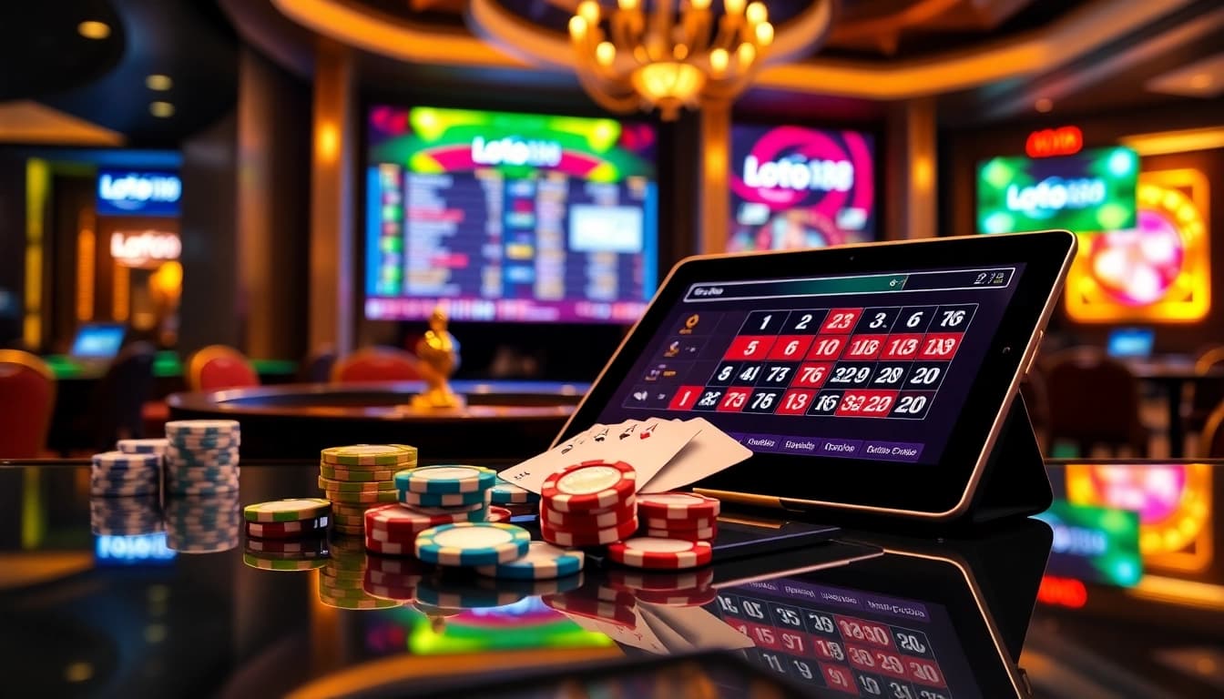 Loto188 online gambling scene with poker chips, a roulette wheel, and a vibrant casino atmosphere.