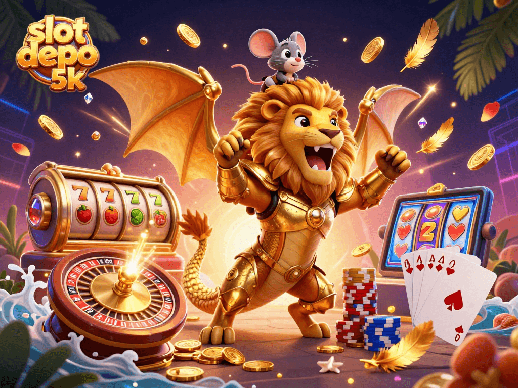 Win big at slot depo 5k with exhilarating gaming action showcased in vibrant 3D illustration.