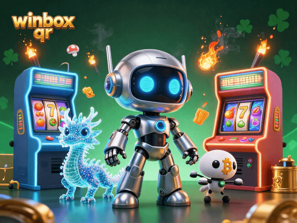 Join the fun with winbox qr as a cyberpunk robot mascot, a holographic dragon, and a bitcoin drone in an immersive casino setting.