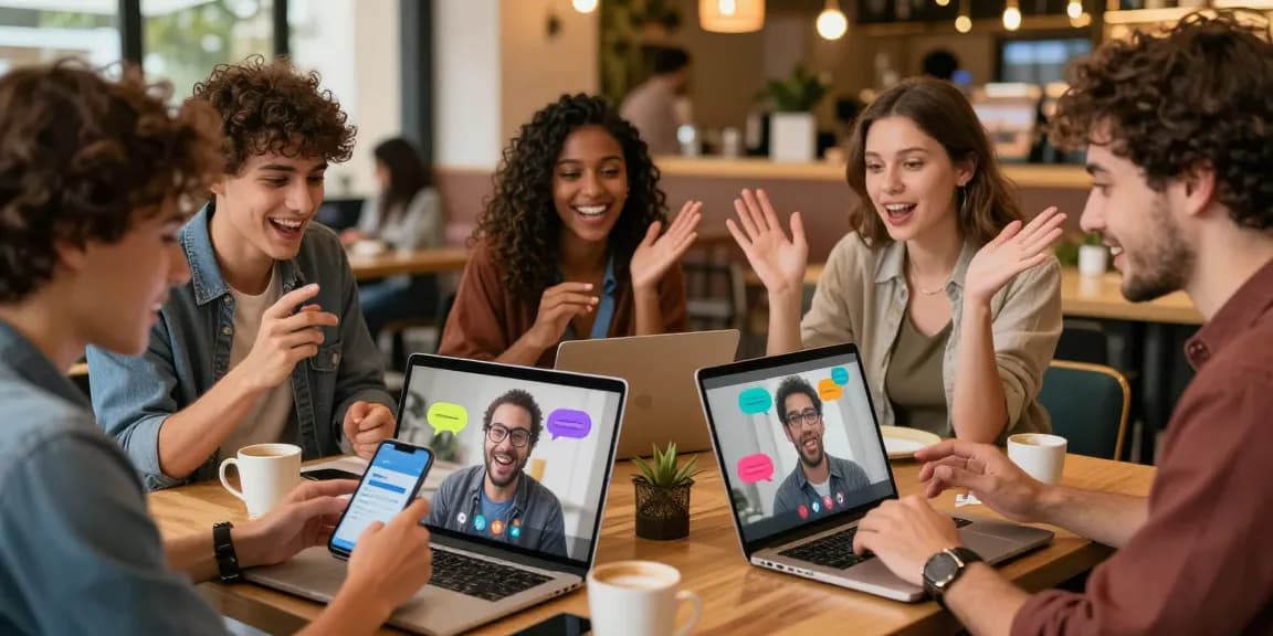 Engaging شات عربي conversation scene showcasing diverse individuals interacting on devices in a cozy café.