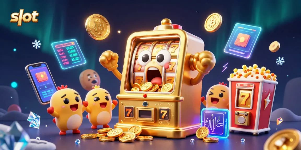 Slot mesin otomatis menang jackpot dalam atmosfer meriah dengan koin dan elemen crypto