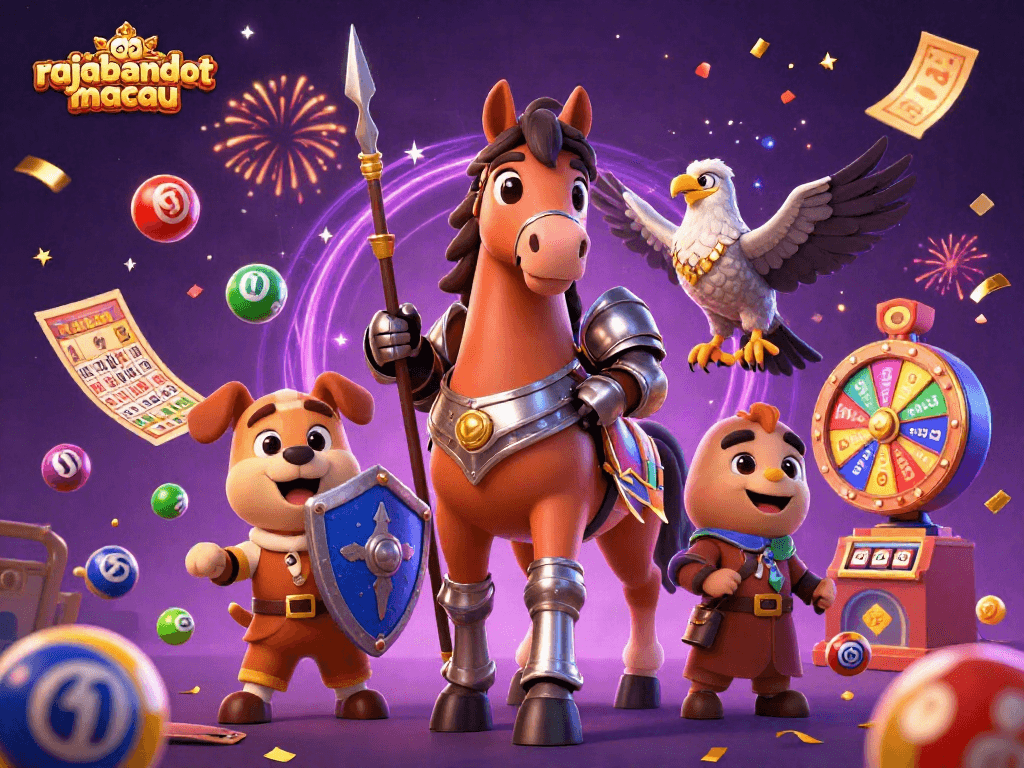 Bermain judi di rajabandot macau dengan karakter kartun 3D yang menghibur dan simbol lotere berwarna-warni.